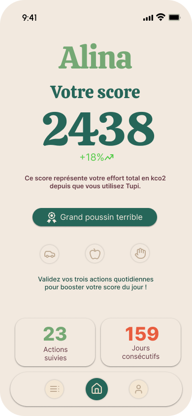 Tupi app home screen displaying sustainability dashboard and user progress